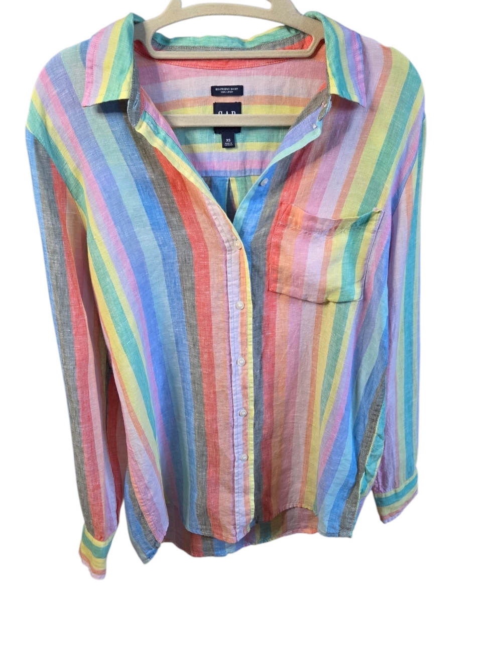 Gap 100% Linen Oversized Rainbow Stripe Boyfriend Shirt XS Colorful